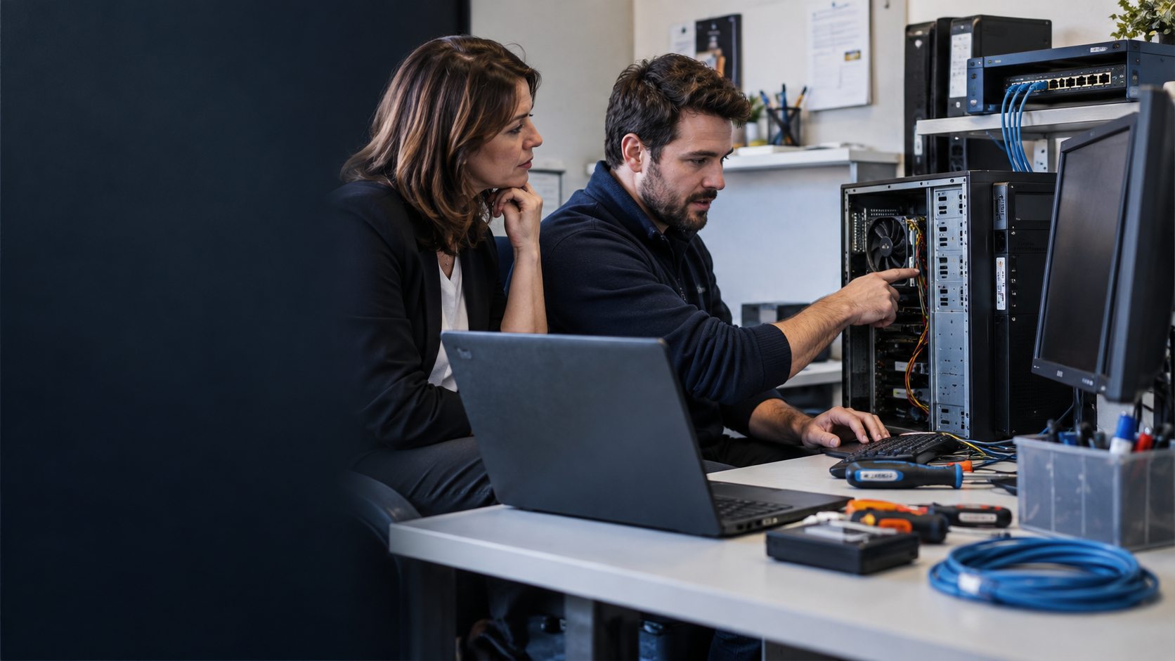 Técnico revisando un ordenador y la red de una pequeña empresa