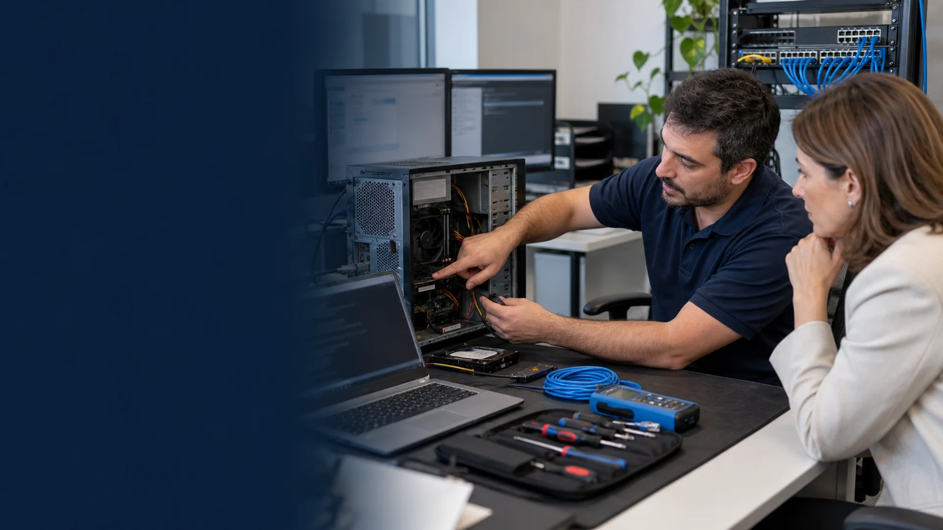 Técnico informático revisando un ordenador y una red de empresa